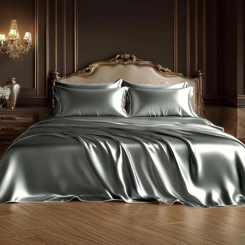 bedding zone طقم ملاءات سرير ساتين حريري من بيدينغ زون - رمادي داكن - Image 1