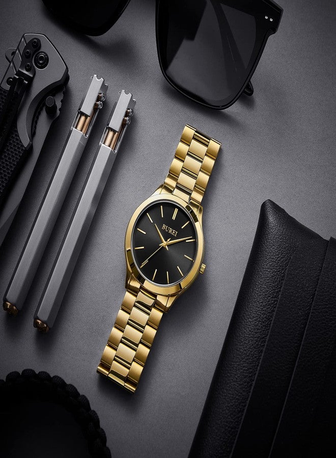 BUREI Men Watches Fashion Business Stainless Steel Analog Quartz Waterproof Watches for Men All Black，Gifts for Dad, Golden, Classic, stylish, elegant, easy to read, simple - Image 4