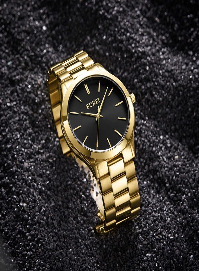 BUREI Men Watches Fashion Business Stainless Steel Analog Quartz Waterproof Watches for Men All Black，Gifts for Dad, Golden, Classic, stylish, elegant, easy to read, simple - Image 3