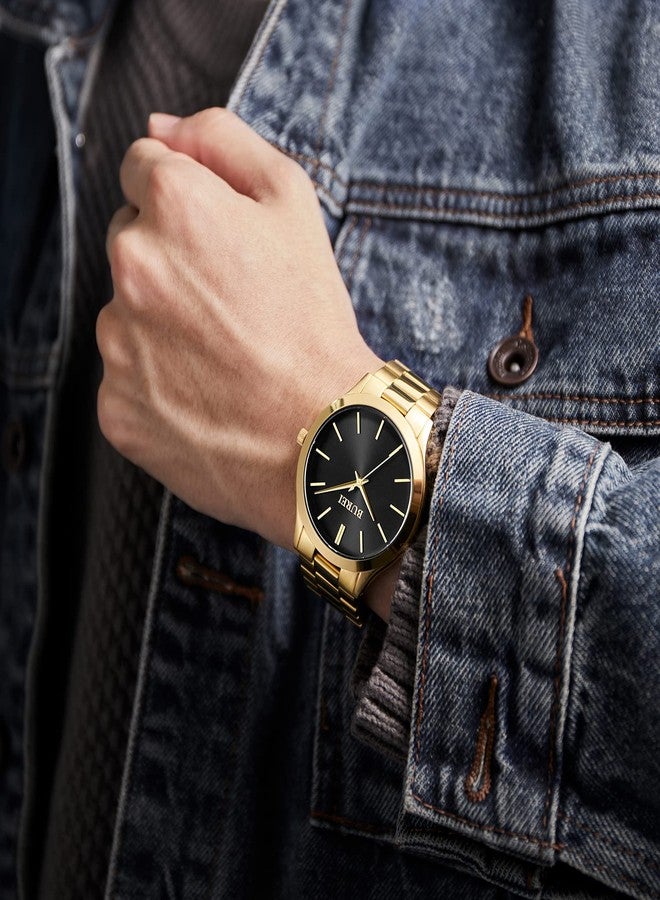 BUREI Men Watches Fashion Business Stainless Steel Analog Quartz Waterproof Watches for Men All Black，Gifts for Dad, Golden, Classic, stylish, elegant, easy to read, simple - Image 5