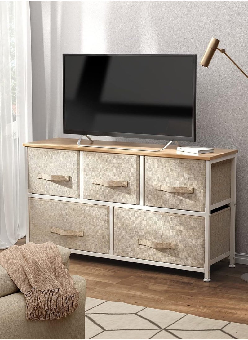 Sharpdo SHARPDO Fabric Storage Cabinet, Bedroom Dresser with 5 Drawers, Console Storage Table Clothing Organizer with Wooden Top and Easy Pull Handles, Suitable for Closet Living Room Nursery Hallway 100*30*55.5cm  - Image 3