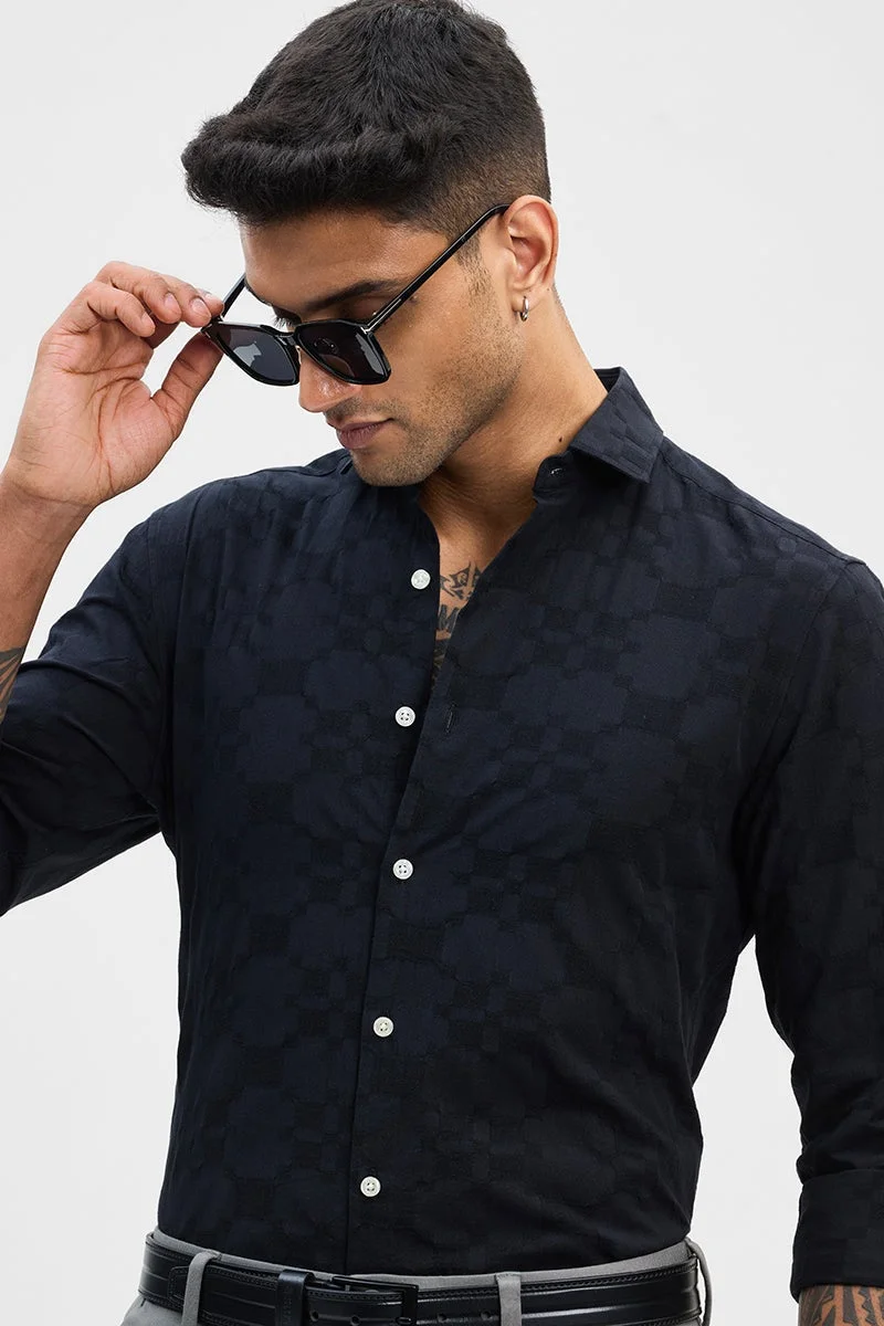 SNITCH Black Self-Design Slim Fit Shirt