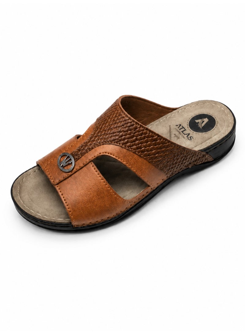 Men’s Leather-Look Arabic Sandals, Open Toe Slip-On House Slippers with Woven Strap, Soft Footbed, Non-Slip Sole, Comfortable Casual Sandals - Image 1