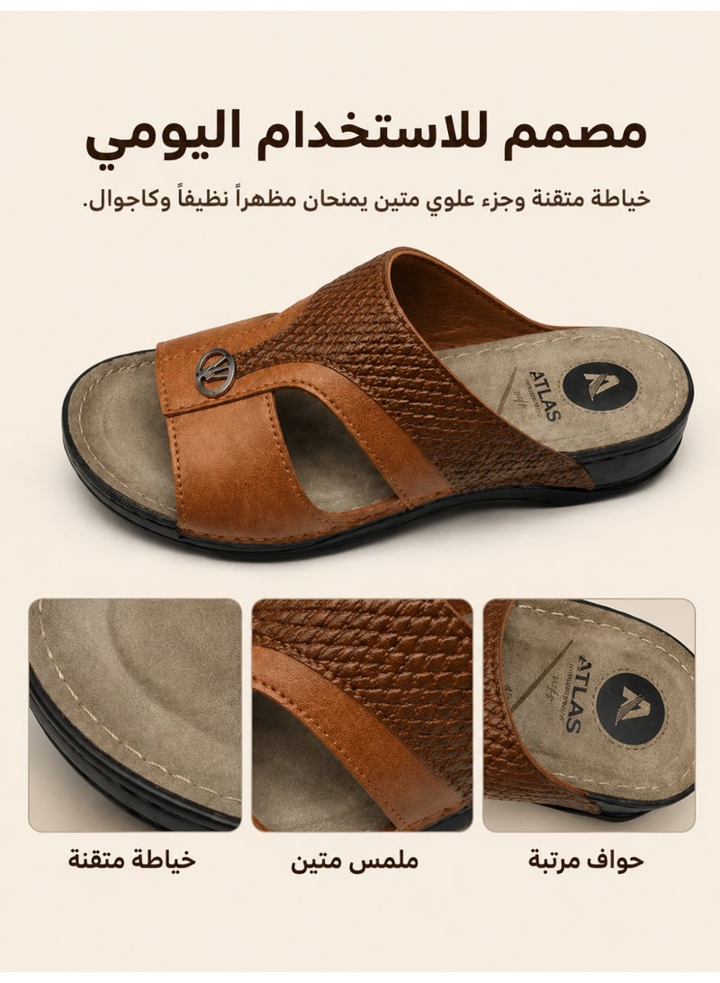 Men’s Leather-Look Arabic Sandals, Open Toe Slip-On House Slippers with Woven Strap, Soft Footbed, Non-Slip Sole, Comfortable Casual Sandals - Image 3
