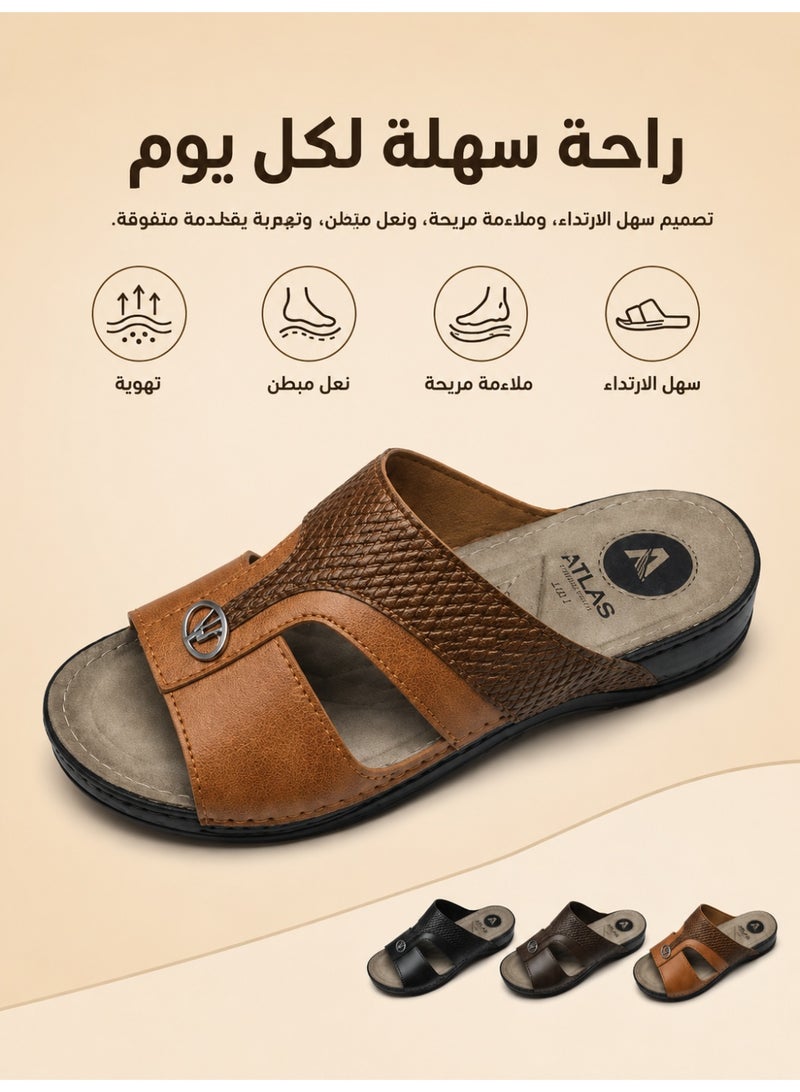 Men’s Leather-Look Arabic Sandals, Open Toe Slip-On House Slippers with Woven Strap, Soft Footbed, Non-Slip Sole, Comfortable Casual Sandals - Image 5