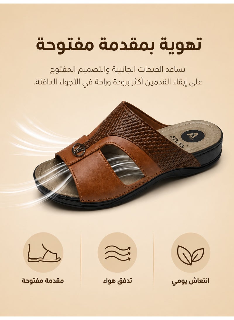 Men’s Leather-Look Arabic Sandals, Open Toe Slip-On House Slippers with Woven Strap, Soft Footbed, Non-Slip Sole, Comfortable Casual Sandals - Image 4