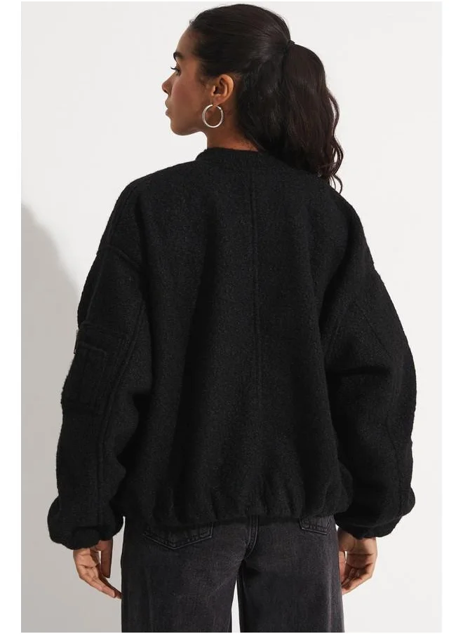 JUNE June Exclusive Wool Blend Plush Bomber Jacket Black