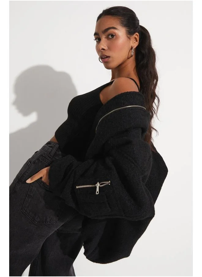 JUNE June Exclusive Wool Blend Plush Bomber Jacket Black