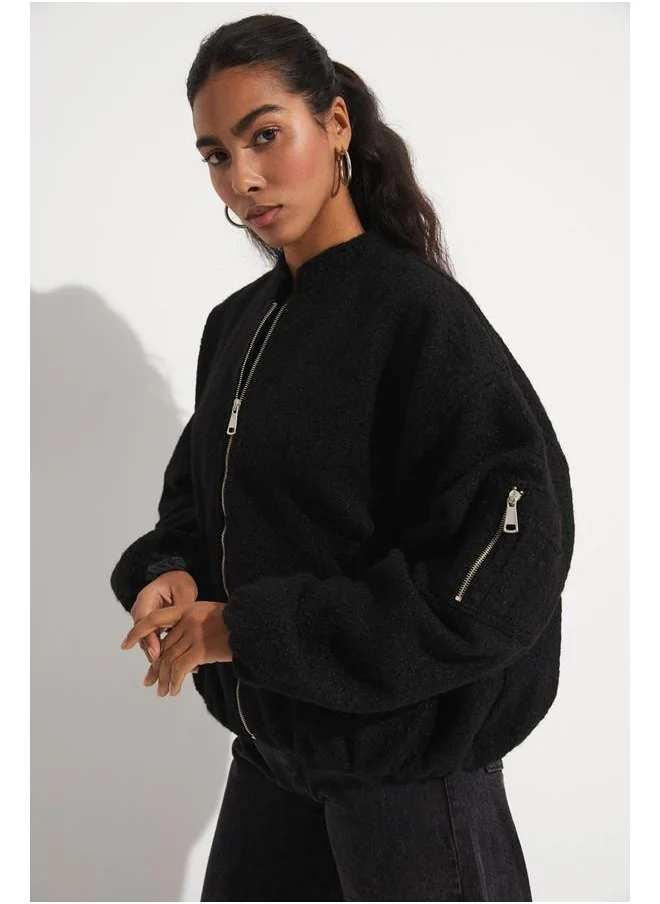 JUNE June Exclusive Wool Blend Plush Bomber Jacket Black
