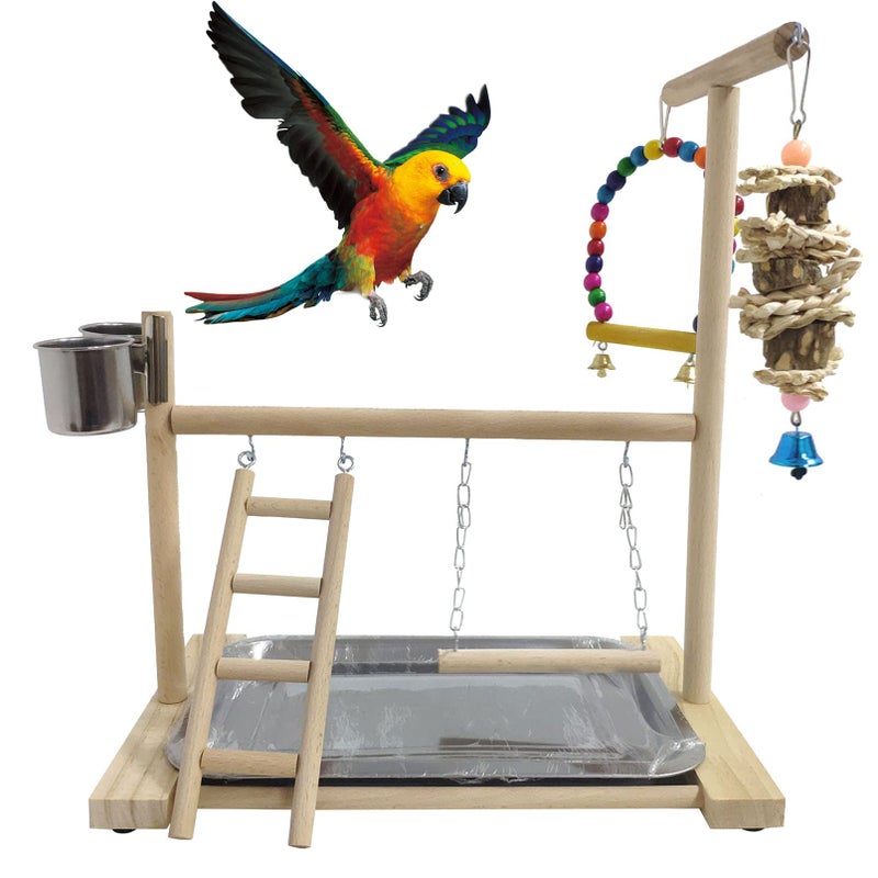 Hamiledyi Bird Playground Parrots Play Stand Natural Wooden Parrot Perch Gym Playpen Pet Parakeet Ladders with Feeder Cups for Cockatoo Conure Cockatiel Cage Accessories Exercise Toy Include a Tray