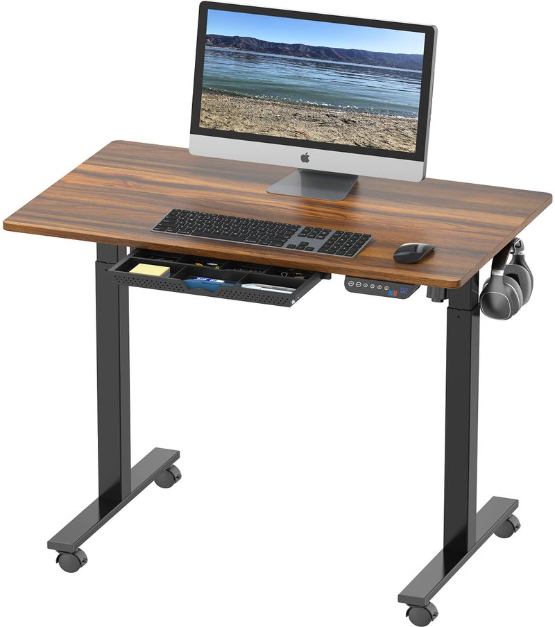 SHW 40Inch Mobile Electric Height Adjustable Sit to Stand Desk with Drawer Hanging Hooks and Cable Management Walnut