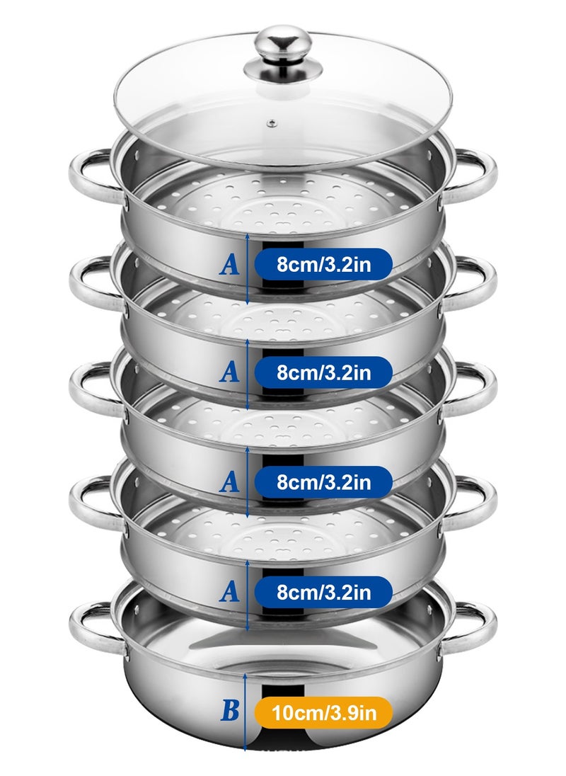 HomarKet 5-Tier Stainless Steel Steamer For Cooking, 11.8 Inch Multi-Layer Steamer Pot With Handles On Both Sides, Steamer Capsule Bottom With Glass Lid - Dumpling Steamer Food, Steam Pot, Veggie Steamer  - Image 5