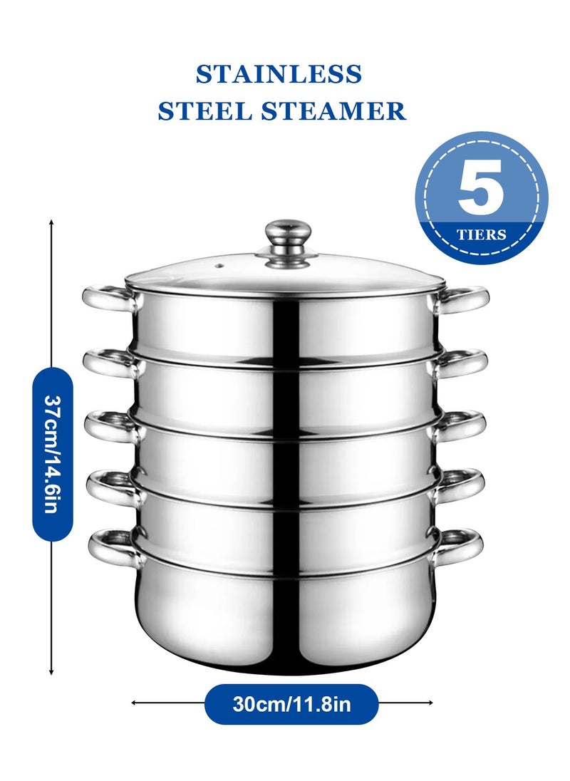 HomarKet 5-Tier Stainless Steel Steamer For Cooking, 11.8 Inch Multi-Layer Steamer Pot With Handles On Both Sides, Steamer Capsule Bottom With Glass Lid - Dumpling Steamer Food, Steam Pot, Veggie Steamer  - Image 2