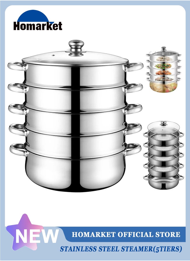 HomarKet 5-Tier Stainless Steel Steamer For Cooking, 11.8 Inch Multi-Layer Steamer Pot With Handles On Both Sides, Steamer Capsule Bottom With Glass Lid - Dumpling Steamer Food, Steam Pot, Veggie Steamer  - Image 1