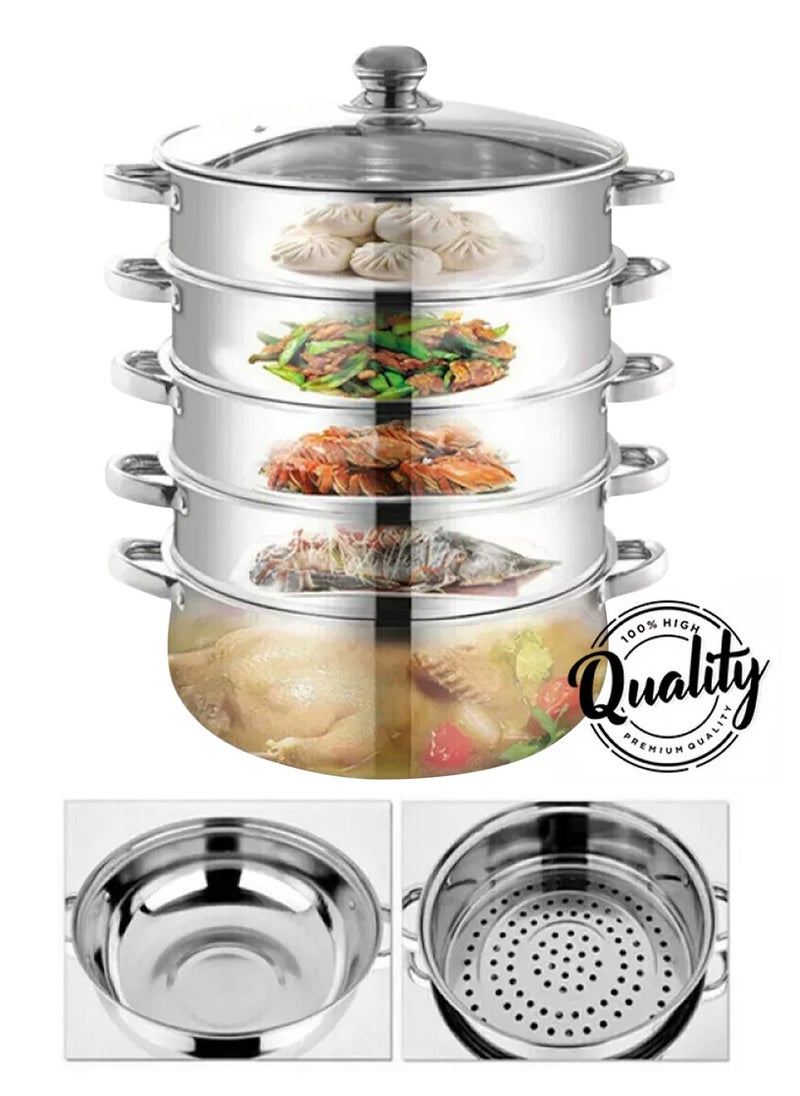 HomarKet 5-Tier Stainless Steel Steamer For Cooking, 11.8 Inch Multi-Layer Steamer Pot With Handles On Both Sides, Steamer Capsule Bottom With Glass Lid - Dumpling Steamer Food, Steam Pot, Veggie Steamer  - Image 4