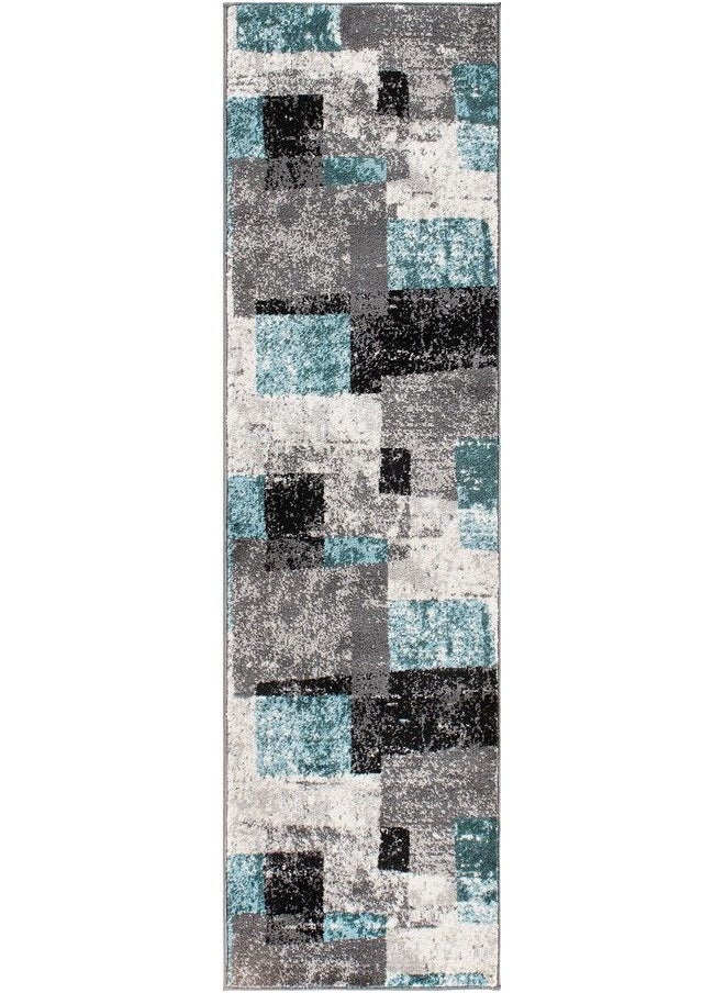 Rugshop - Contemporary Abstract Boxes Stain Resistant High Traffic Living Room Kitchen Bedroom Dining Home Office Runner Rug 2'X7' Blue - Image 1