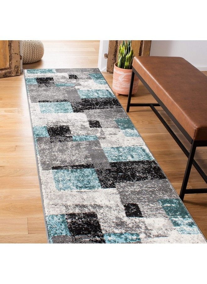 Rugshop - Contemporary Abstract Boxes Stain Resistant High Traffic Living Room Kitchen Bedroom Dining Home Office Runner Rug 2'X7' Blue - Image 1