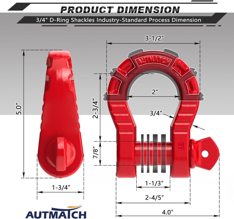 AUTMATCH D Ring Shackles 3/4" Mega Shackle (2 Pack) 68,000Ibs Break Strength - Heavy Duty Clevis Shackles with 7/8" Screw Pin and Isolator Washer for Tow Strap Winch Off Road Vehicle Recovery, Red - Image 3