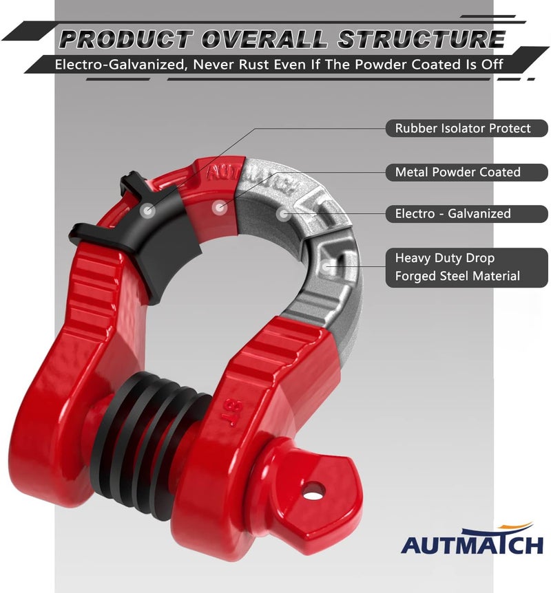 AUTMATCH D Ring Shackles 3/4" Mega Shackle (2 Pack) 68,000Ibs Break Strength - Heavy Duty Clevis Shackles with 7/8" Screw Pin and Isolator Washer for Tow Strap Winch Off Road Vehicle Recovery, Red - Image 4
