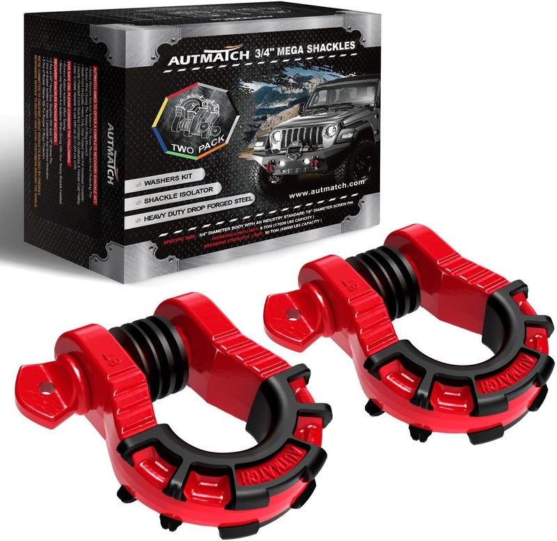 AUTMATCH D Ring Shackles 3/4" Mega Shackle (2 Pack) 68,000Ibs Break Strength - Heavy Duty Clevis Shackles with 7/8" Screw Pin and Isolator Washer for Tow Strap Winch Off Road Vehicle Recovery, Red - Image 1