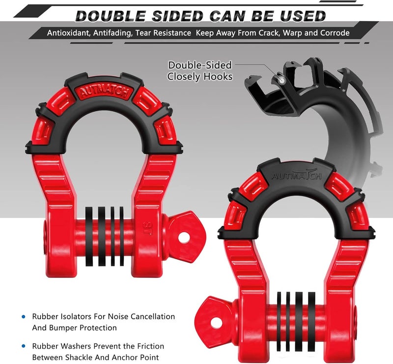 AUTMATCH D Ring Shackles 3/4" Mega Shackle (2 Pack) 68,000Ibs Break Strength - Heavy Duty Clevis Shackles with 7/8" Screw Pin and Isolator Washer for Tow Strap Winch Off Road Vehicle Recovery, Red - Image 2