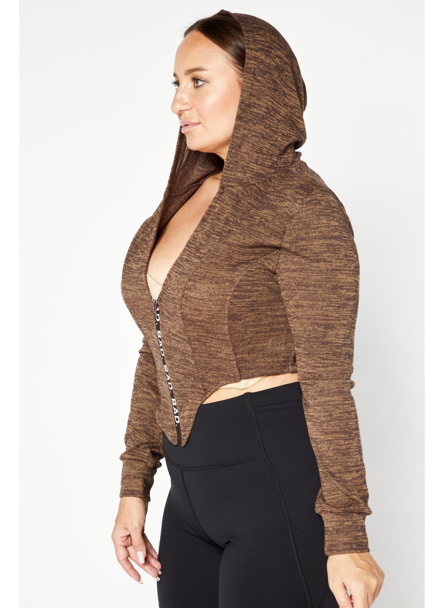 Bad Society Club - Women Hooded Long Sleeve Brand Logo Crop Top, Brown Combo - Image 1