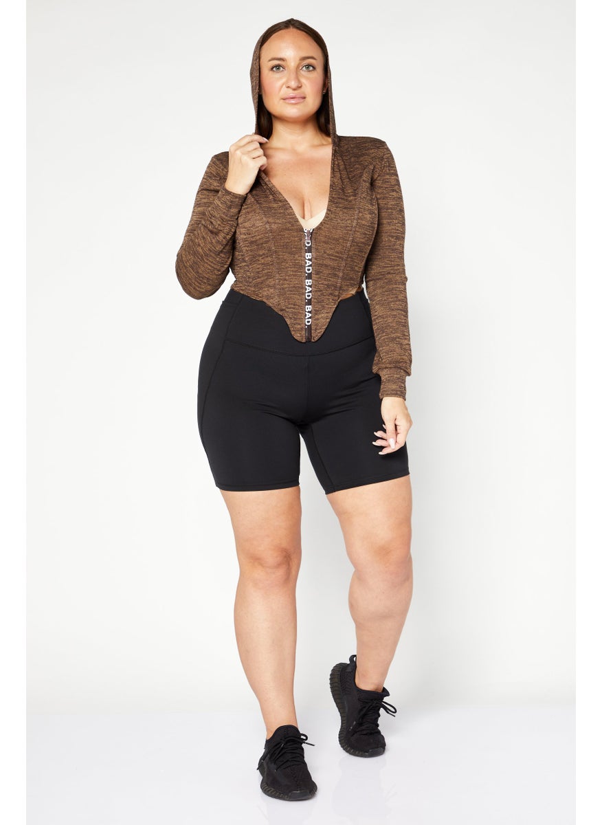 Bad Society Club - Women Hooded Long Sleeve Brand Logo Crop Top, Brown Combo - Image 1