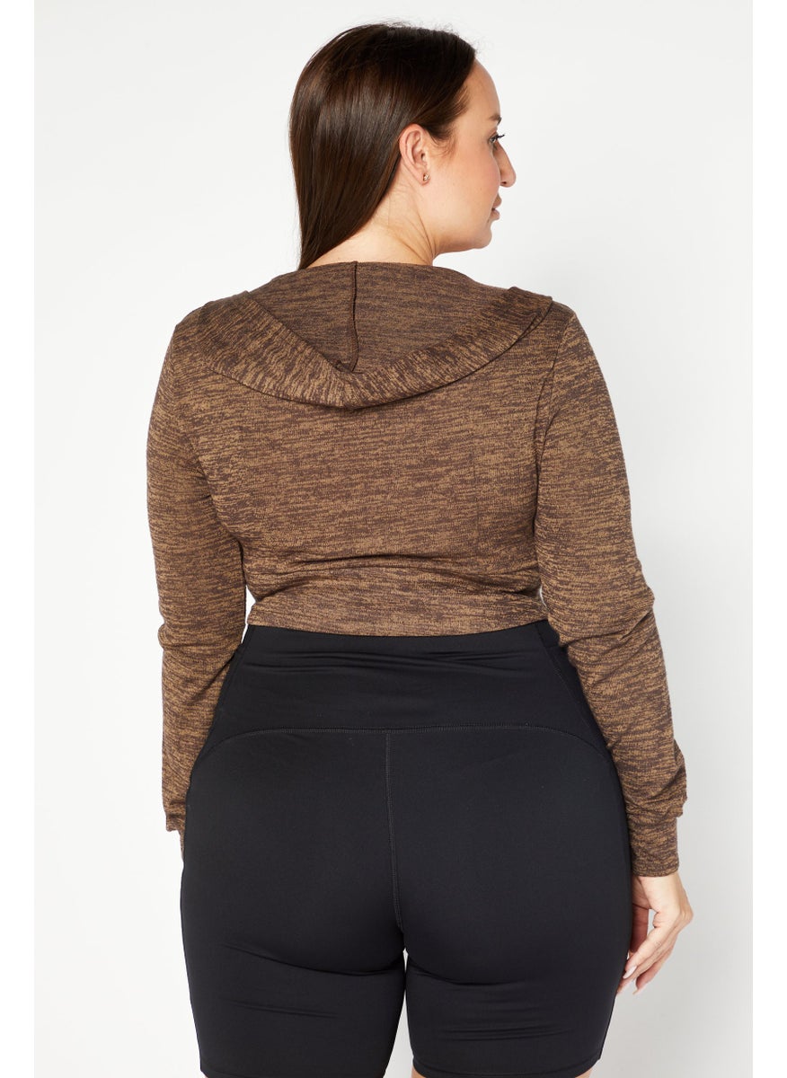 Bad Society Club - Women Hooded Long Sleeve Brand Logo Crop Top, Brown Combo - Image 1