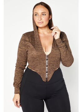 Women Hooded Long Sleeve Brand Logo Crop Top, Brown Combo