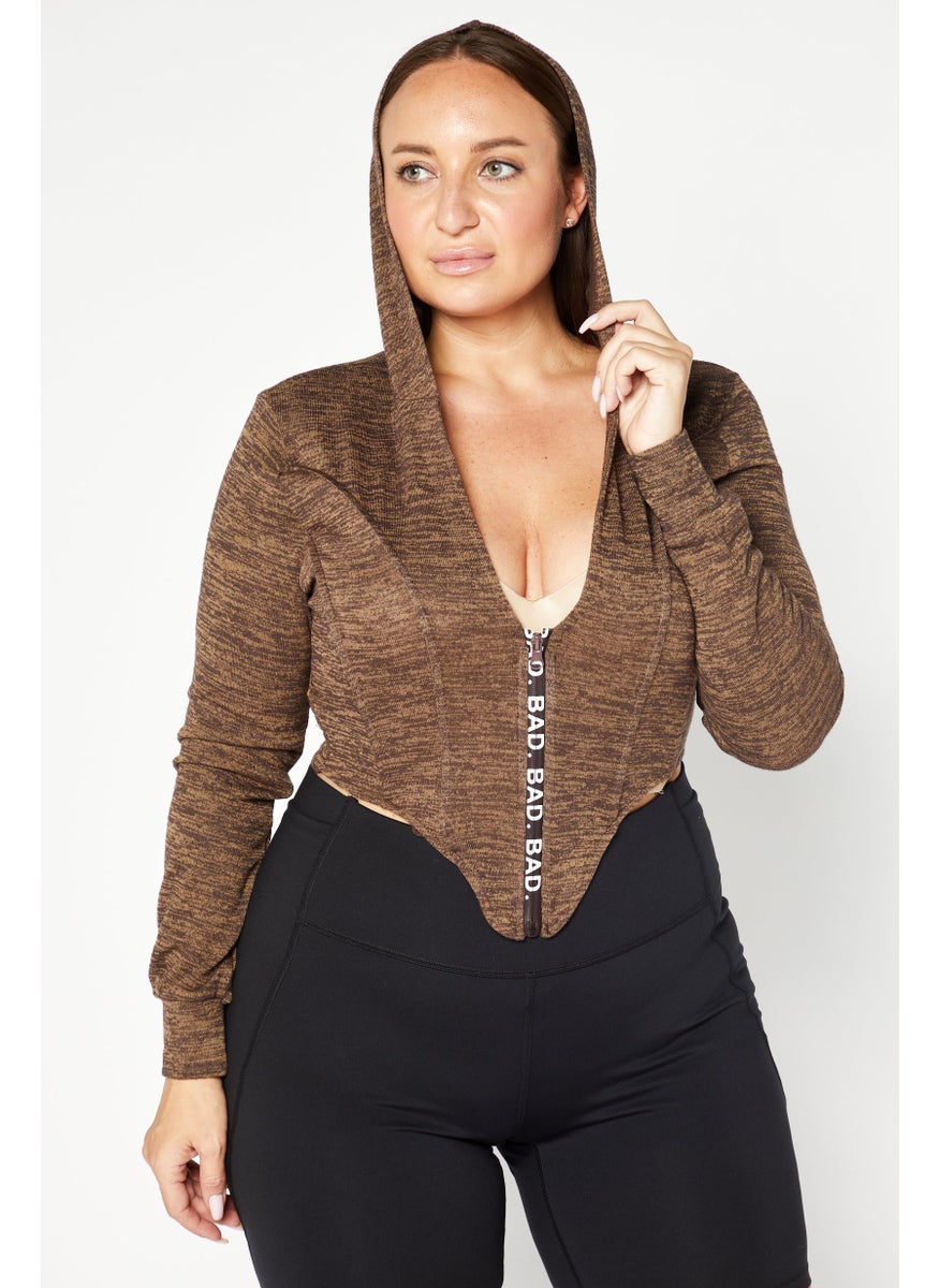 Bad Society Club - Women Hooded Long Sleeve Brand Logo Crop Top, Brown Combo - Image 1