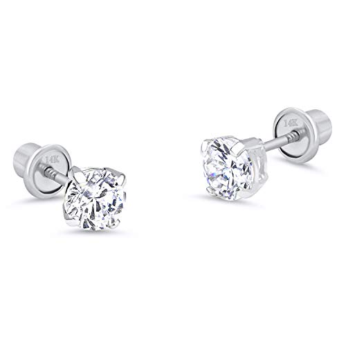 Lovearing 14k White Gold 5mm Basket Round Solitaire Cubic Zirconia Children Screw Back Baby Girls Earrings - Image 1
