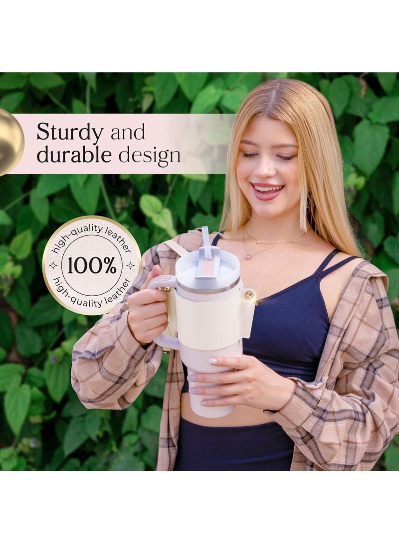 PU Leather Water Bottle Holder Water Bottle Sleeve With Adjustable Shoulder Strap For Stanley 30oz 40oz Cup (White)  - Image 3
