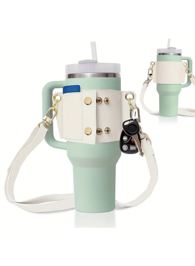 PU Leather Water Bottle Holder Water Bottle Sleeve With Adjustable Shoulder Strap For Stanley 30oz 40oz Cup (White)  - Image 2