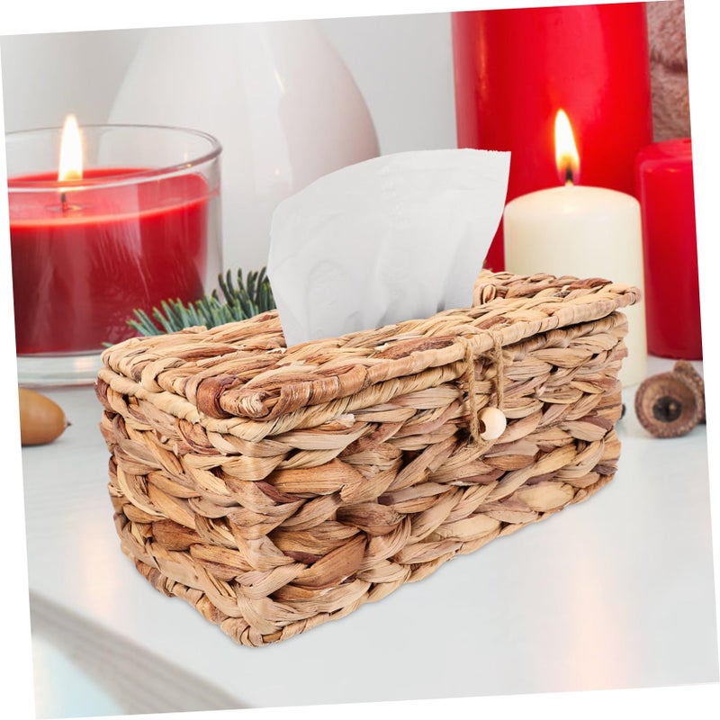 Woven Seagrass Tissue Box Holder Light Yellow Retro Desktop Storage Container - Image 3