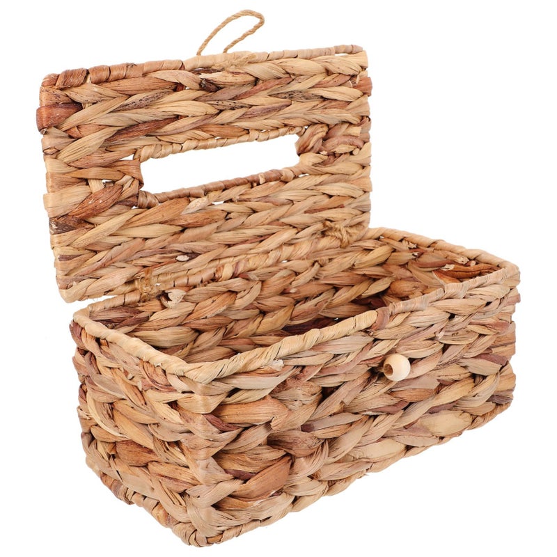 Woven Seagrass Tissue Box Holder Light Yellow Retro Desktop Storage Container - Image 2