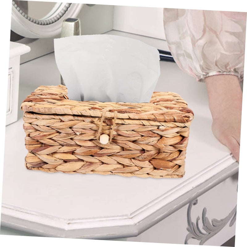 Woven Seagrass Tissue Box Holder Light Yellow Retro Desktop Storage Container - Image 5