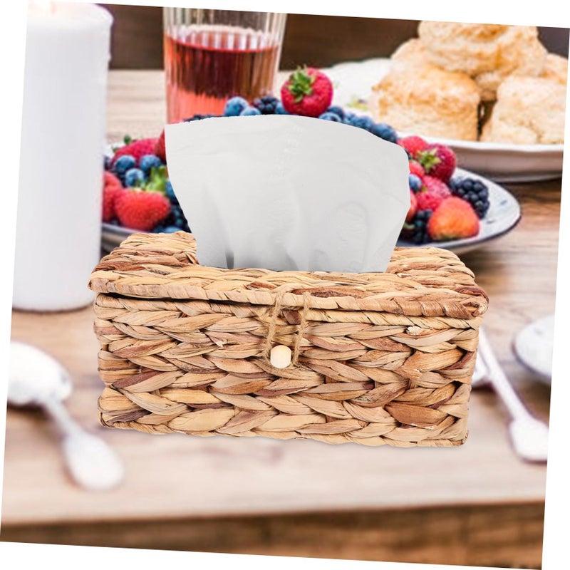 Woven Seagrass Tissue Box Holder Light Yellow Retro Desktop Storage Container - Image 4