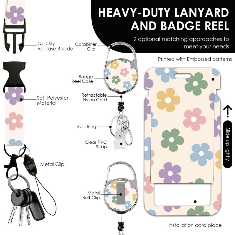 Vorruil Flower Lanyards for ID Badge, ID Badge Holder with Retractable Reel Clip and Keychain, Vertical Heavy Duty Identity Badge Cover Case Protector for Student Teacher Nurse Women Men - Image 3