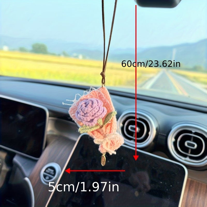 Handmade Pink Crochet Rose Bouquet Retro Car Decoration Gift For Women - Image 2