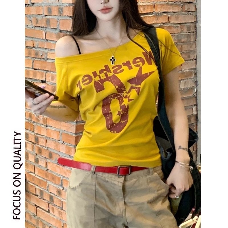 Cool Silk Cotton Short-Sleeve T-Shirt For Women, Summer Style, Off-Shoulder Printed American Style Slim-Fit Top Trendy - Image 2