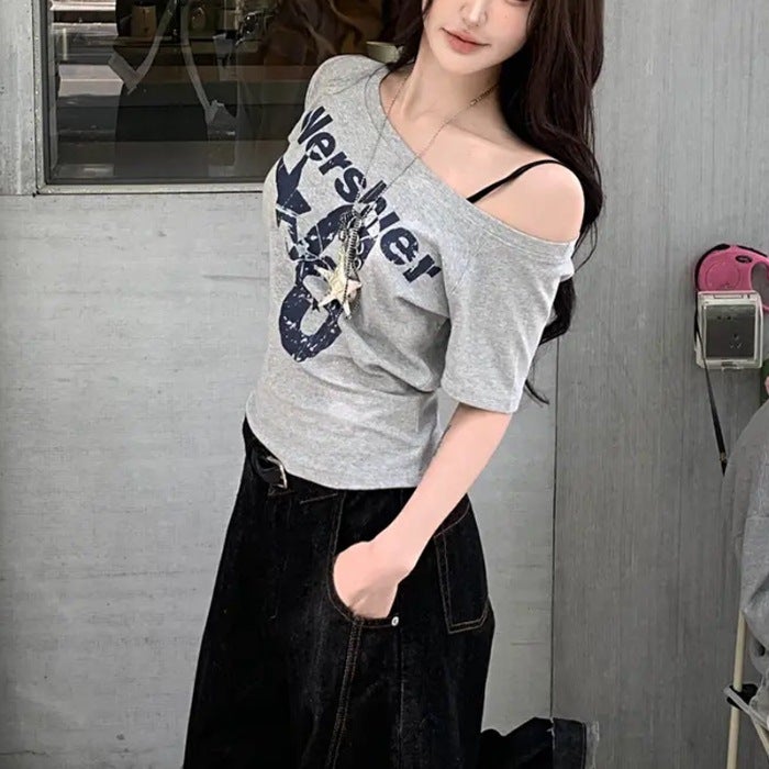 Cool Silk Cotton Short-Sleeve T-Shirt For Women, Summer Style, Off-Shoulder Printed American Style Slim-Fit Top Trendy - Image 1