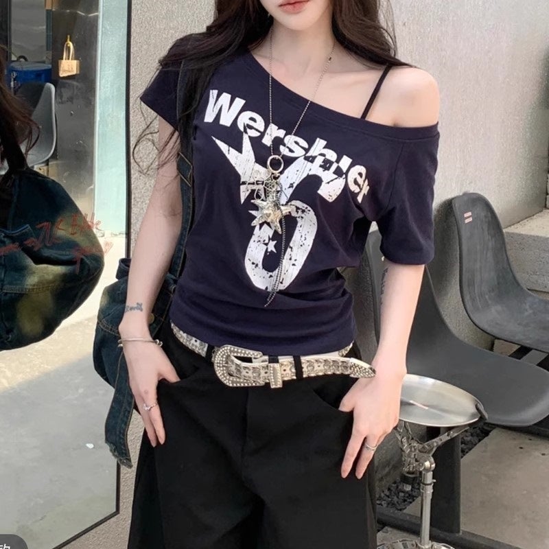 Cool Silk Cotton Short-Sleeve T-Shirt For Women, Summer Style, Off-Shoulder Printed American Style Slim-Fit Top Trendy - Image 4