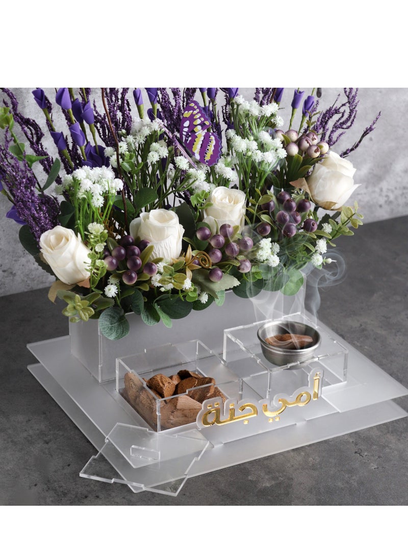 An artificial flower stand with an incense burner and an incense box, a flower stand with the phrase “My mother is a paradise.”