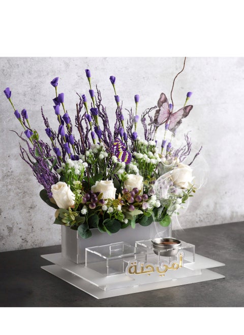 An artificial flower stand with an incense burner and an incense box, a flower stand with the phrase “My mother is a paradise.”