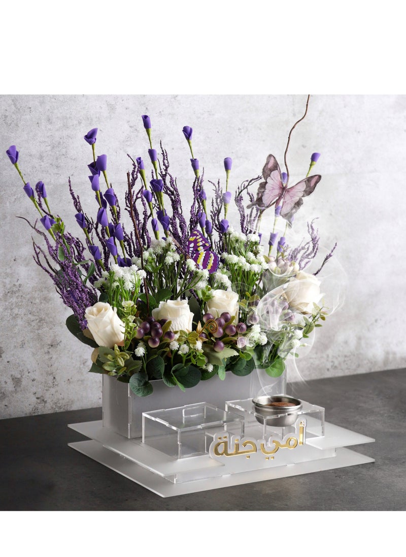 An artificial flower stand with an incense burner and an incense box, a flower stand with the phrase “My mother is a paradise.”