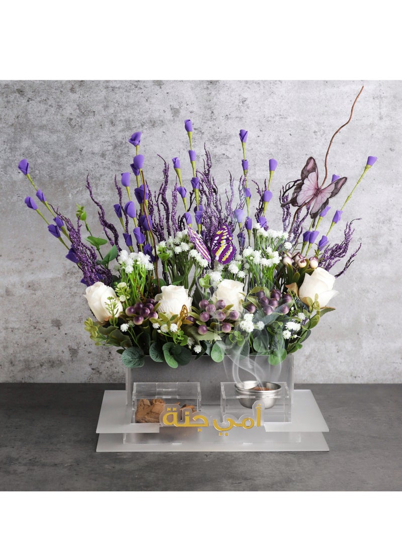 An artificial flower stand with an incense burner and an incense box, a flower stand with the phrase “My mother is a paradise.”