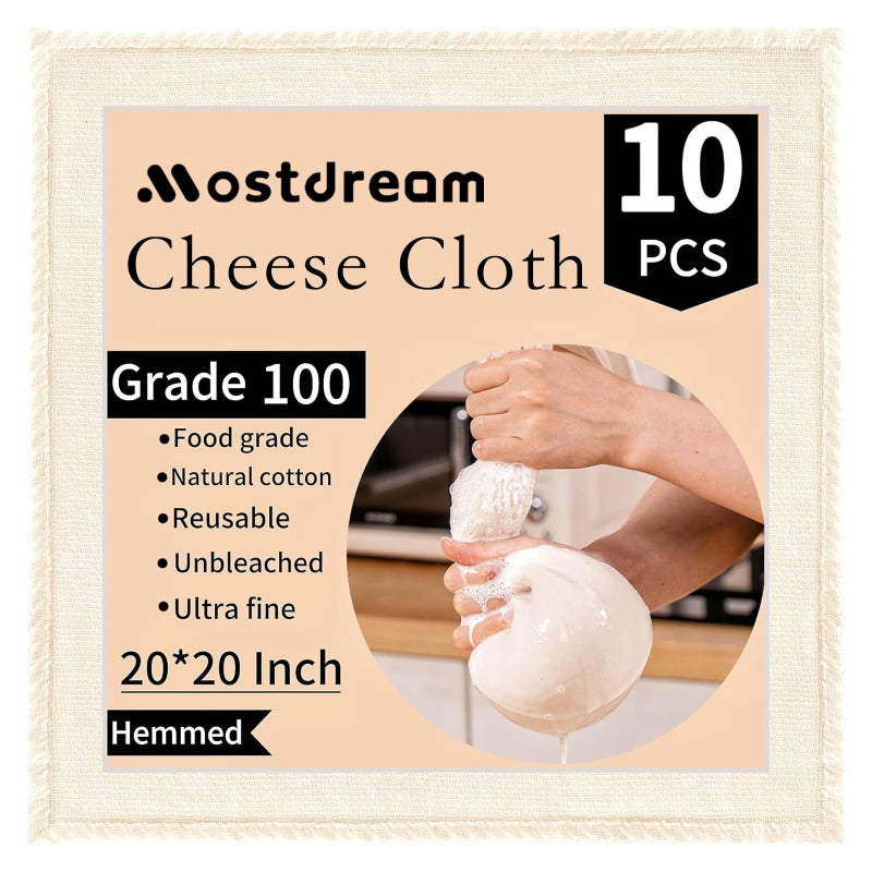 Mostdream Cheese Cloths, 10Pcs 20x20 Inch Grade 100 Precut Cheese Cloths for Straining, 100% Cotton Unbleached, Reusable Muslin Cheesecloth for Straining, Making Yogurt, Juice, Cooking Turkey - Image 1
