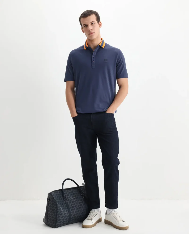 رير رابِت Rare Rabbit Men's Divide Dark Blue Cotton Fabric Striped Collar Half Sleeves Polo T-Shirt