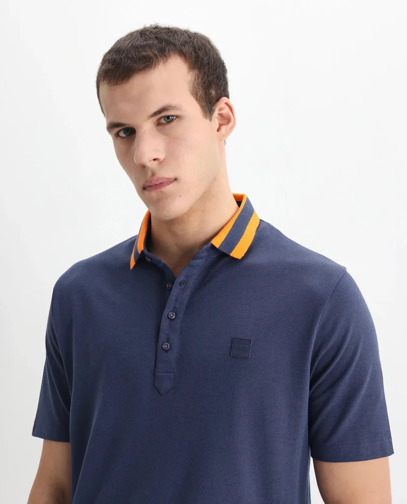 رير رابِت Rare Rabbit Men's Divide Dark Blue Cotton Fabric Striped Collar Half Sleeves Polo T-Shirt