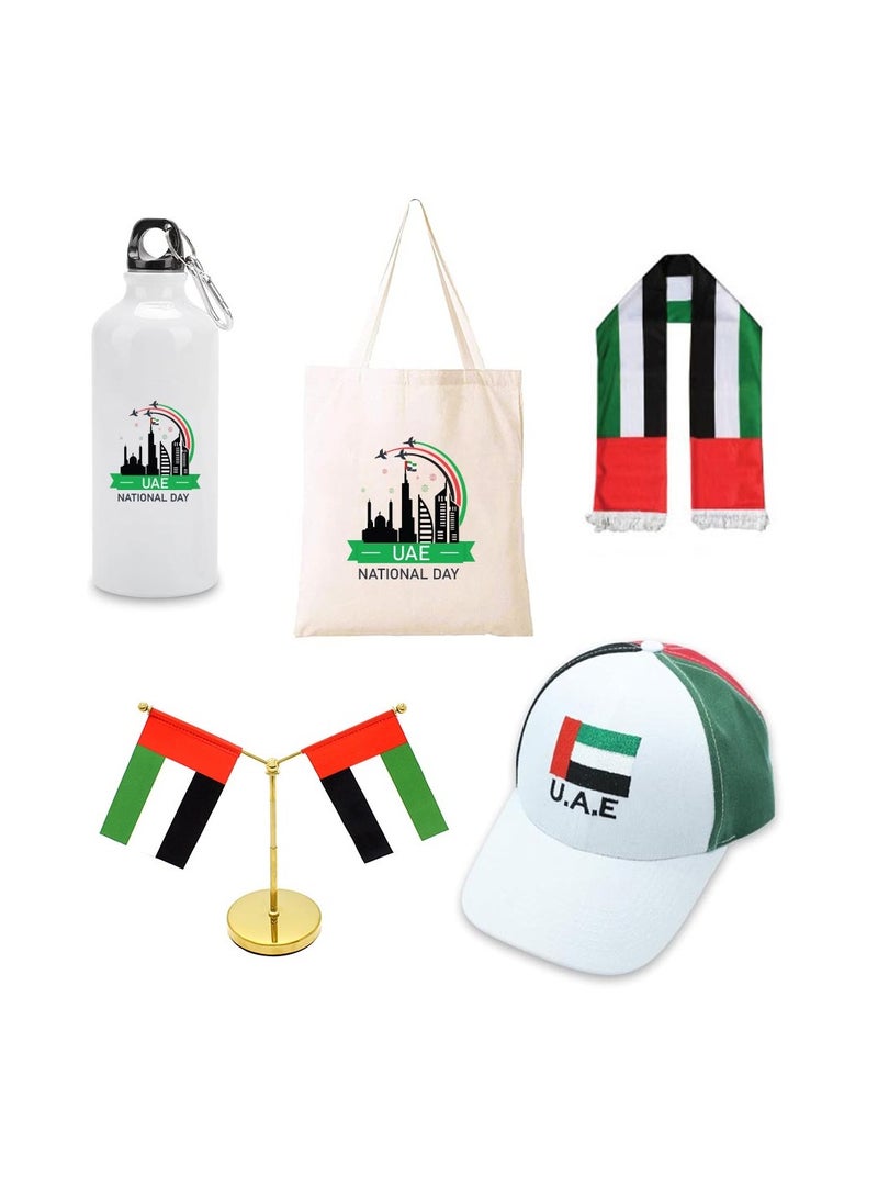 UAE Celebration Day Pack Of 5 Combo Gift Set-Includes Cotton Bag,Scarf,Table Flag,Water Flask Bottle,Stylish Cap-Perfect For UAE Celebration Day - Image 1